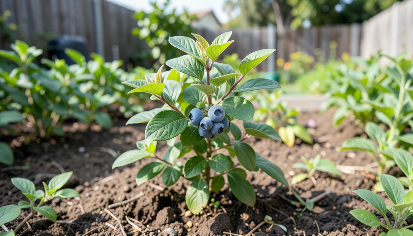 Blueberry growing in a garden setting in a La garden.