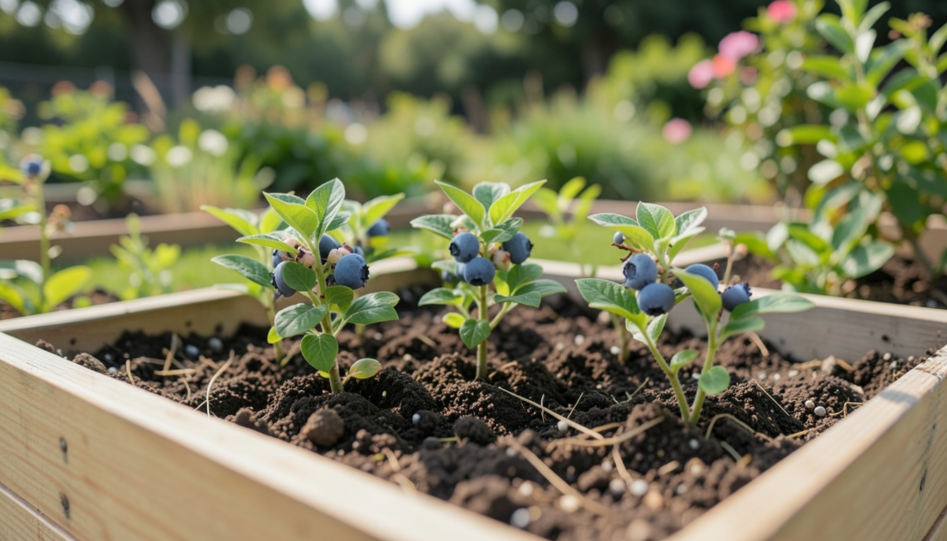 Blueberry seedlings being planted in a raised bed in a La garden.
