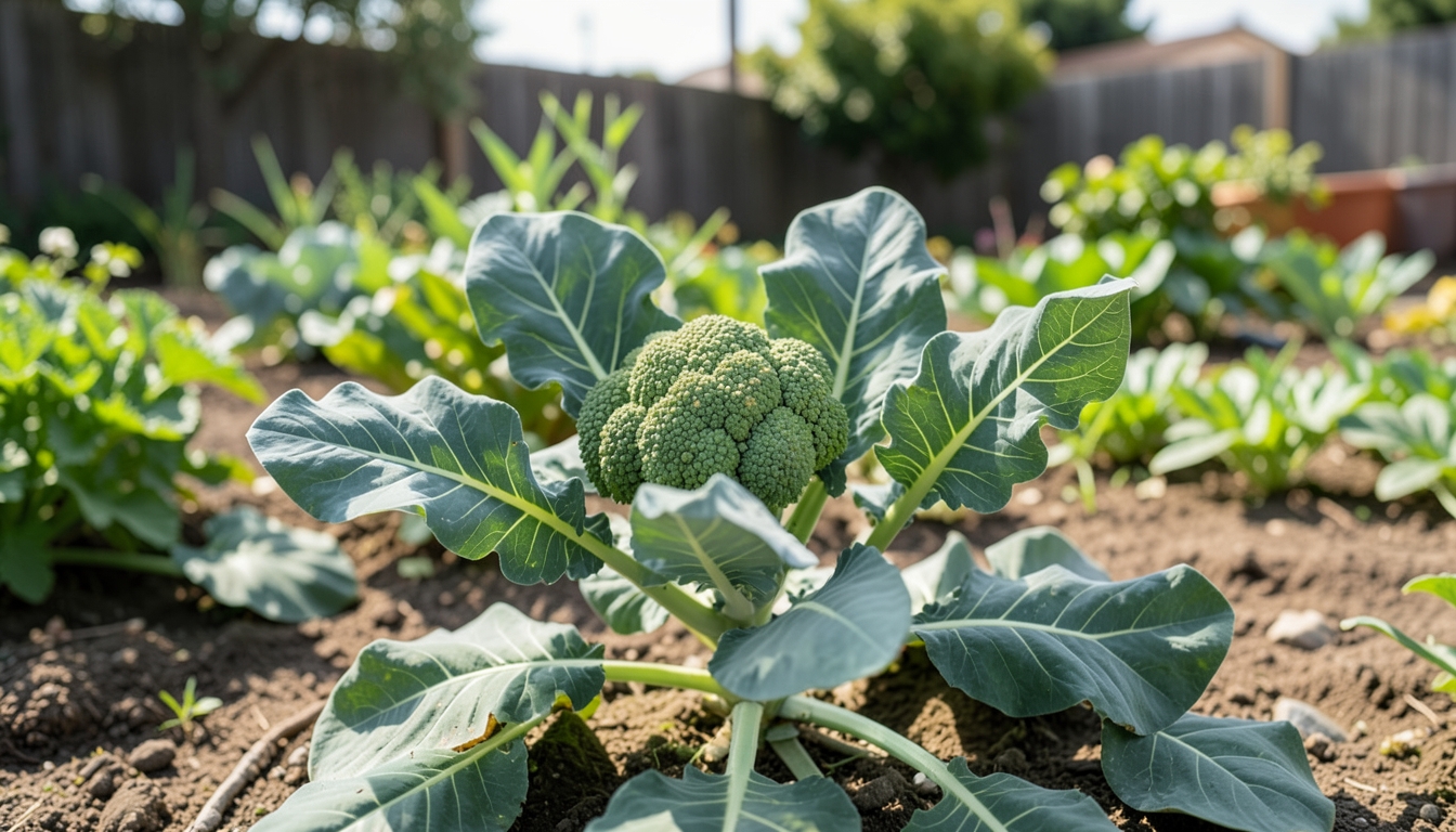 Broccoli growing in a garden setting.