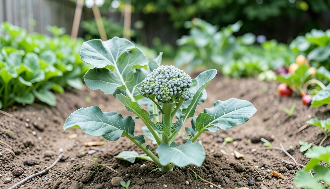 Broccoli growing in a garden setting.