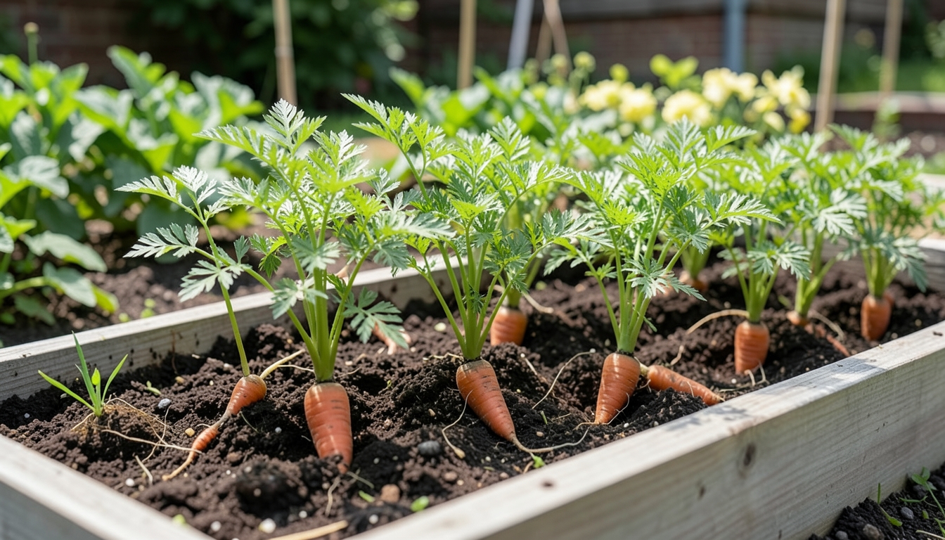 Carrot seedlings being planted in a raised bed in a Chicago garden.