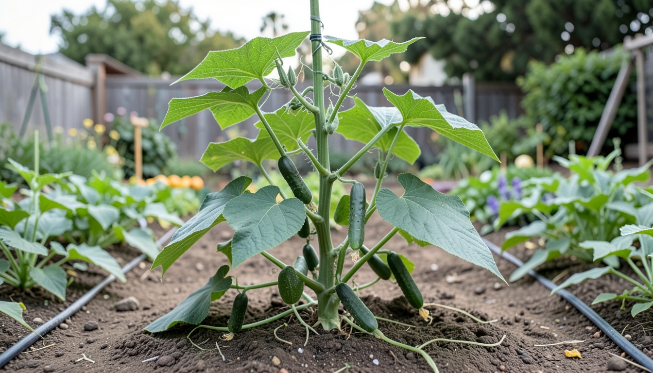 Cucumber growing in a garden setting.