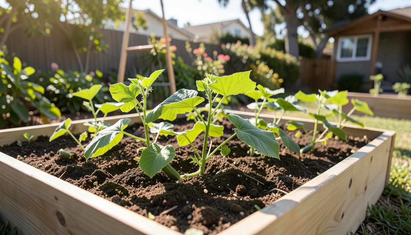 Cucumber seedlings being planted in a raised bed.