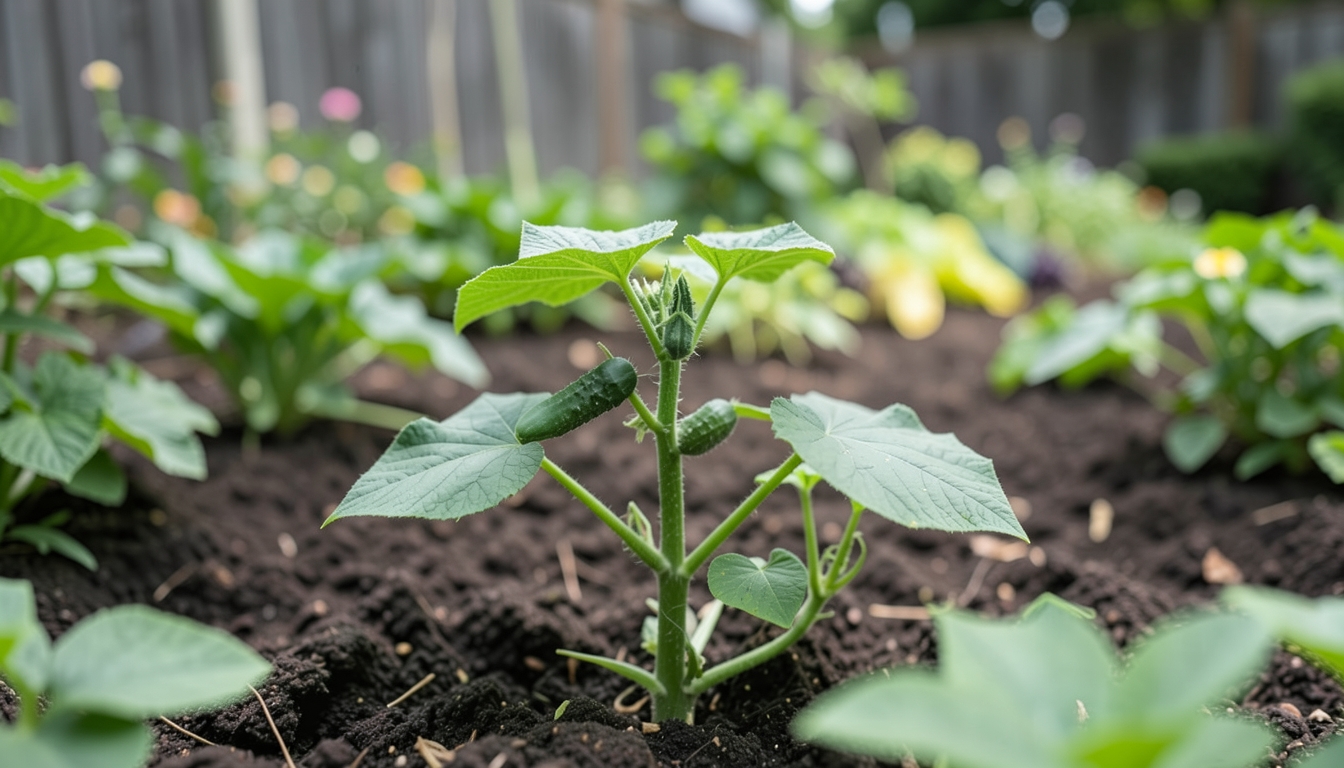 Cucumber growing in a garden setting.