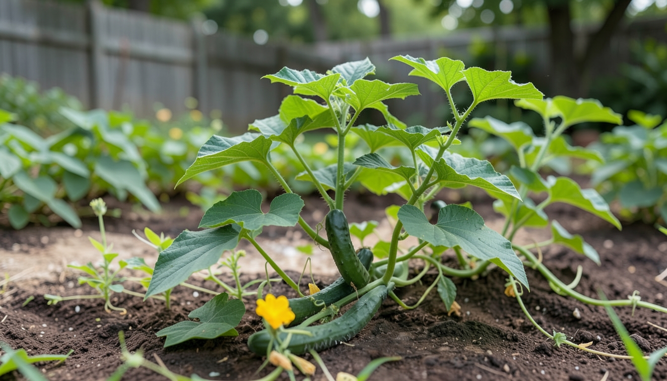 Cucumbers growing in a garden setting in a Chicago garden.