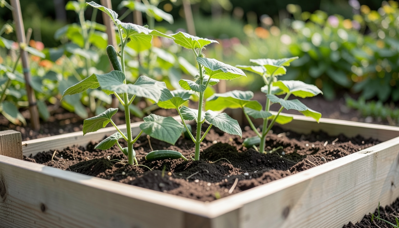 Cucumbers seedlings being planted in a raised bed in a Chicago garden.