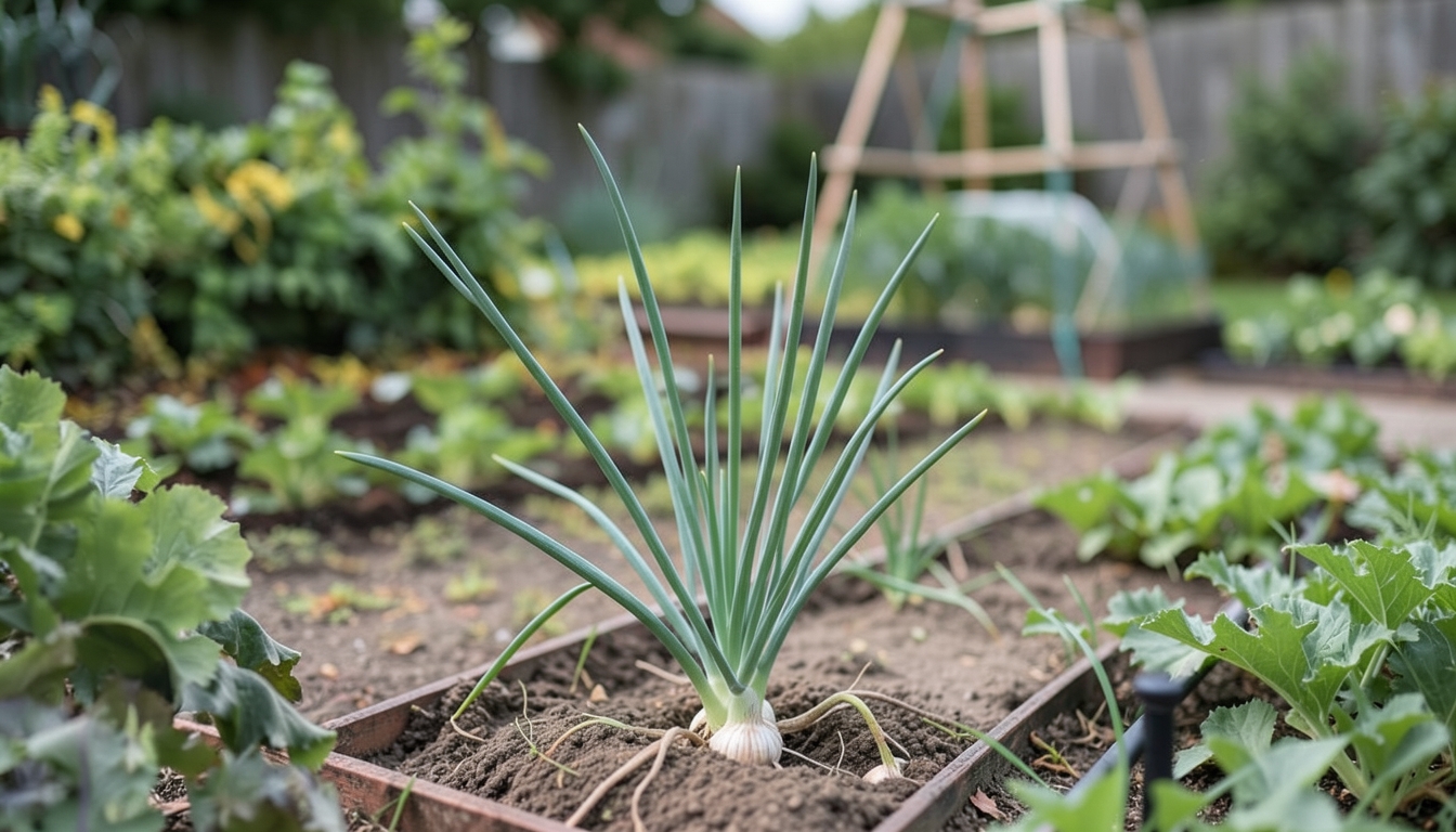 Garlic growing in a garden setting.