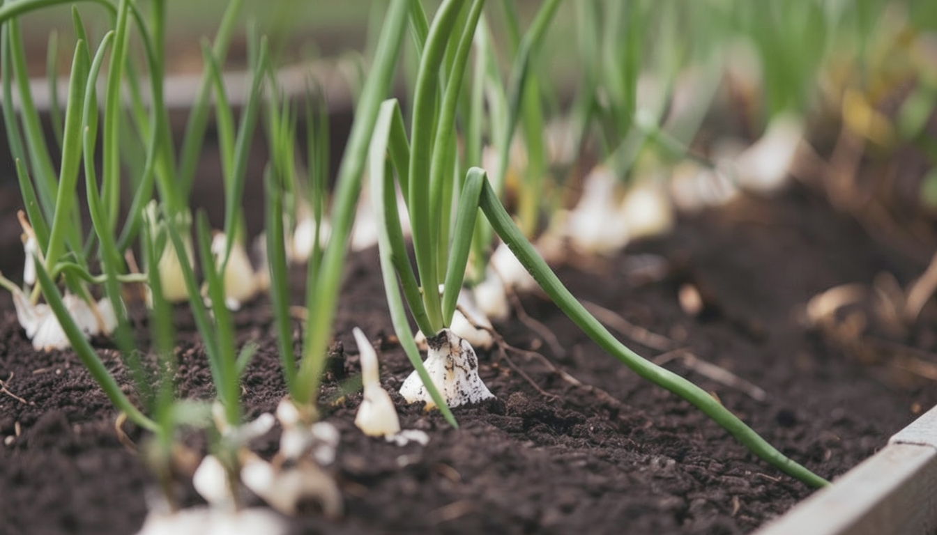 Garlic seedlings being planted in a raised bed.