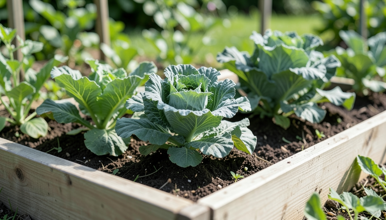 Kale seedlings being planted in a raised bed in a Denver garden.