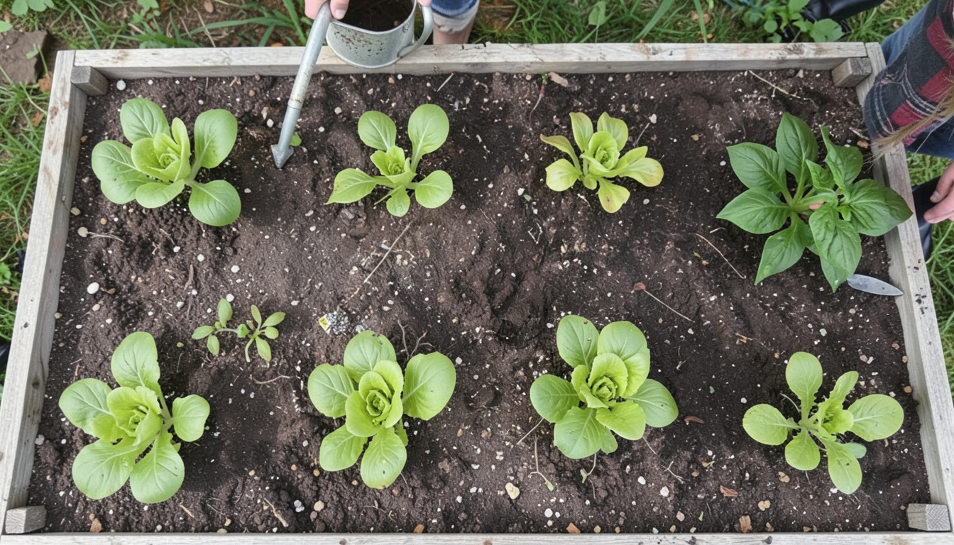 Lettuce seedlings being planted in a raised bed.
