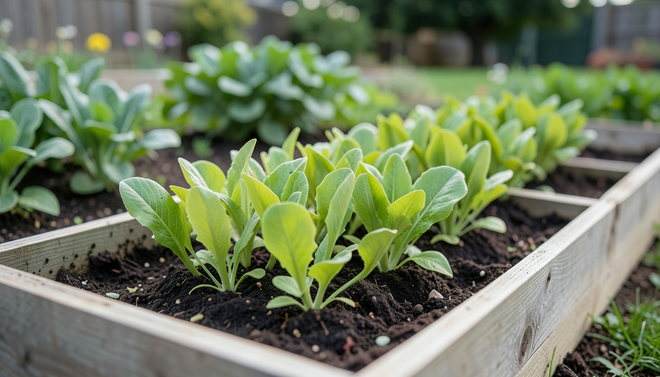 Lettuce seedlings being planted in a raised bed.