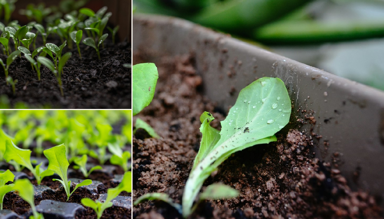 Lettuce seedlings being planted in a raised bed.