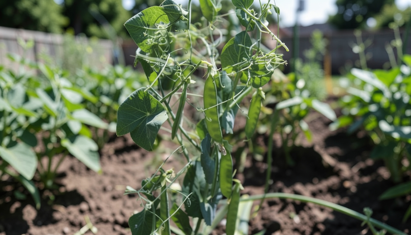 Pea growing in a garden setting in a Austin garden.