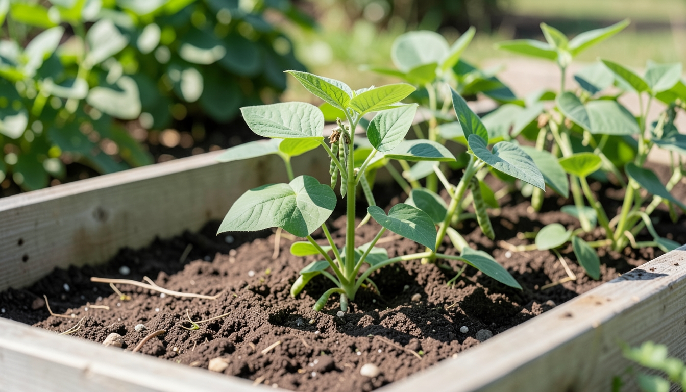 Pea seedlings being planted in a raised bed in a Austin garden.