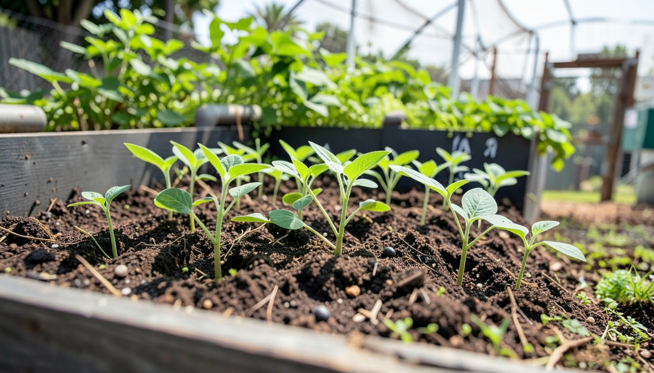 Pea seedlings being planted in a raised bed.