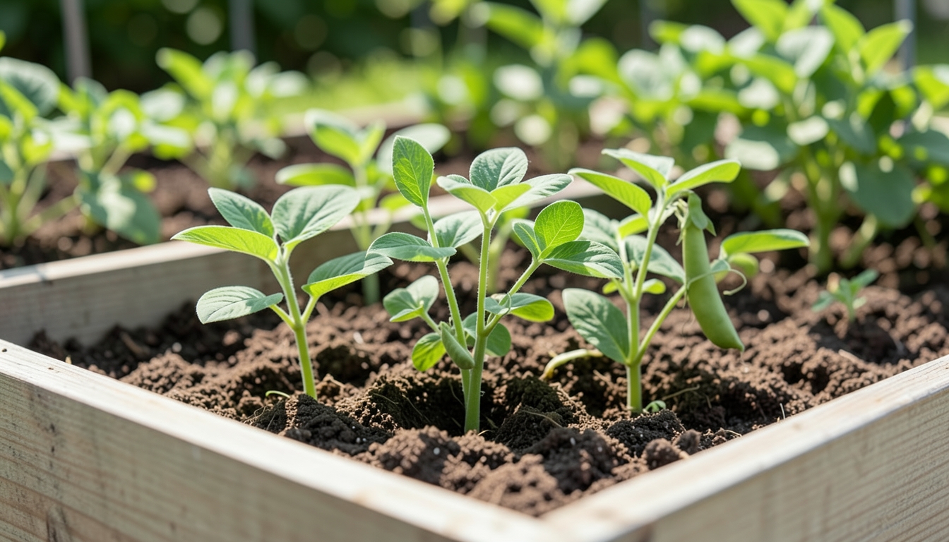 Pea seedlings being planted in a raised bed in a Portland garden.