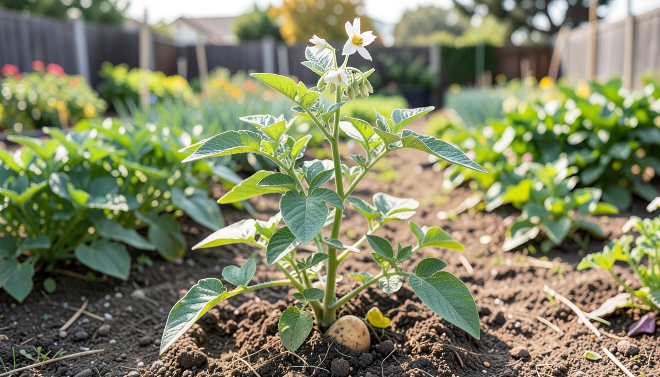 Potato growing in a garden setting in a Los Angeles garden.