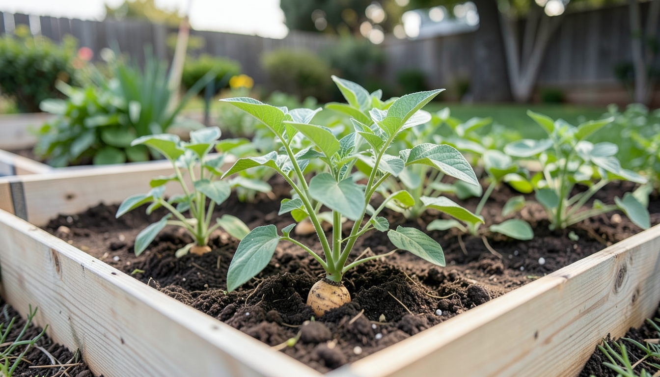 Potato seedlings being planted in a raised bed in a Los Angeles garden.