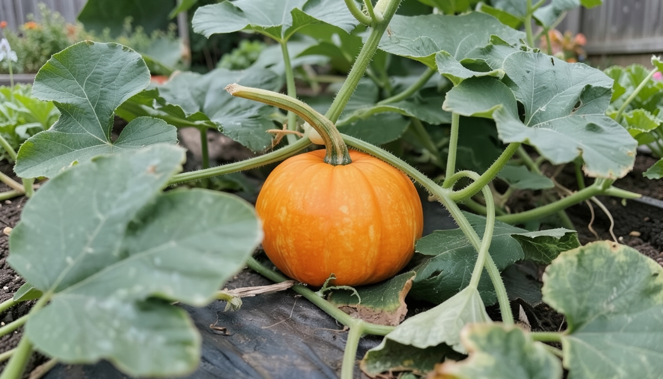 Pumpkin growing in a garden setting in a garden.