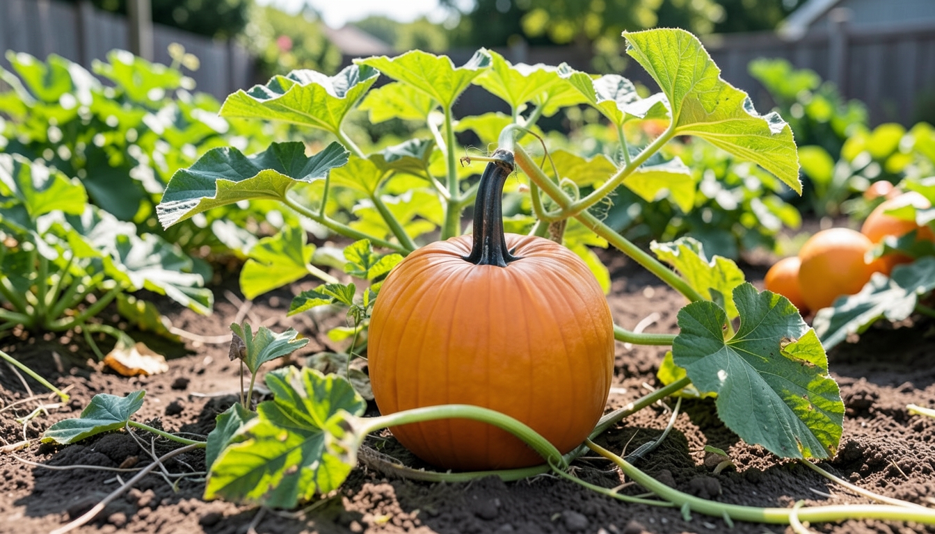 Pumpkin growing in a garden setting in a garden.