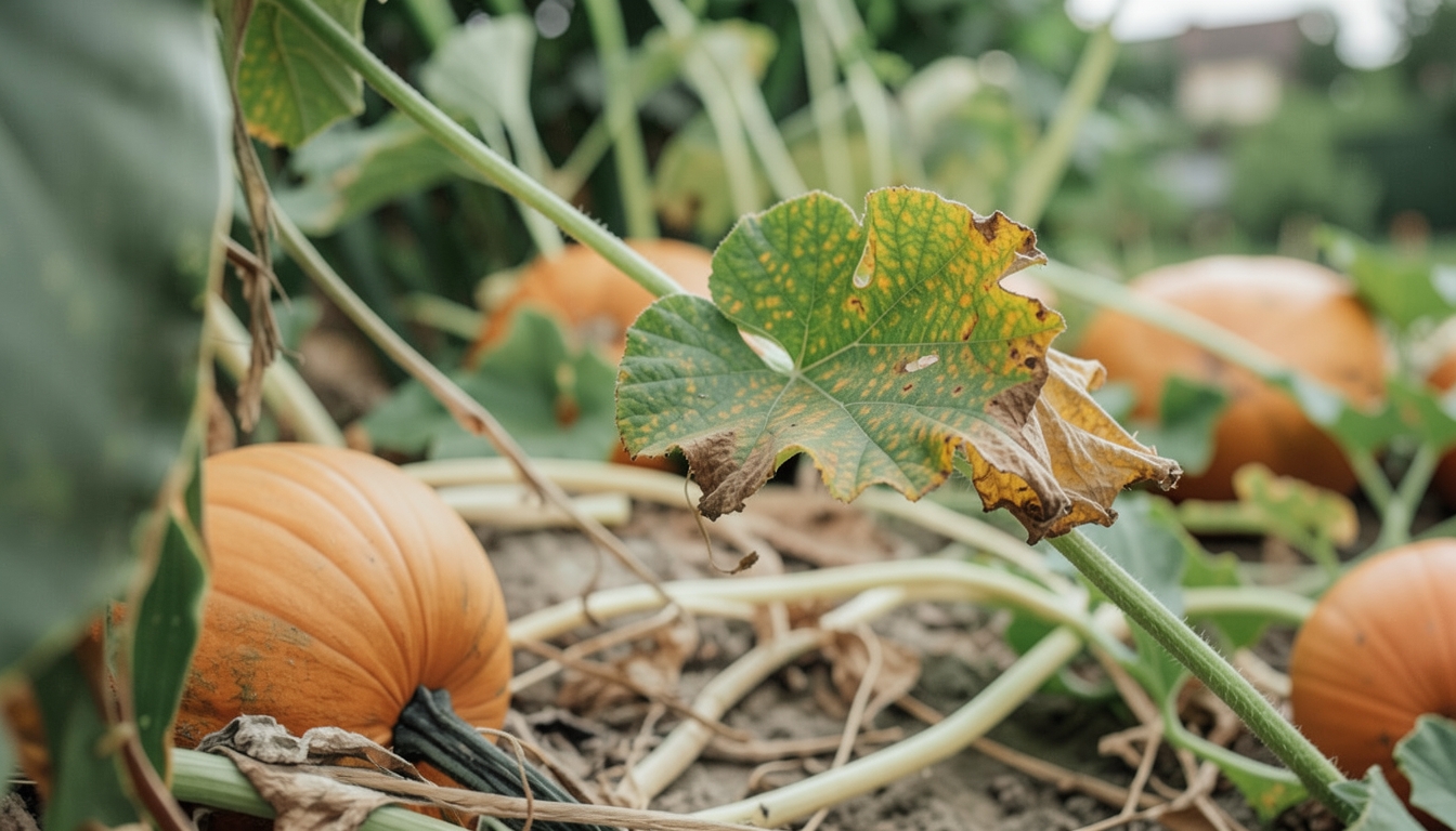 Pumpkin showing signs of stress in a garden.