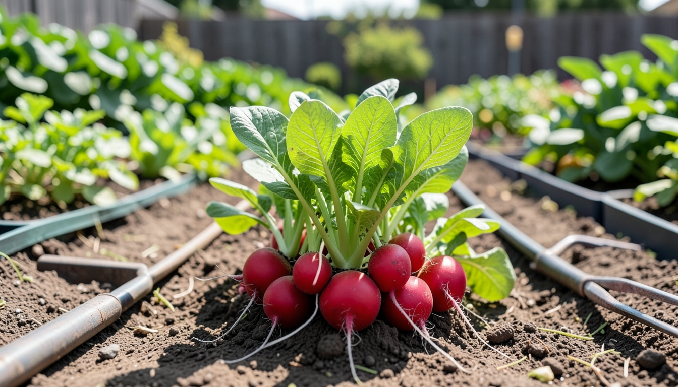 Radish growing in a garden setting in a Los Angeles garden.