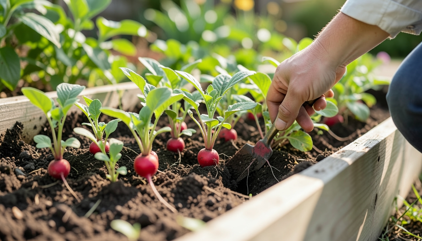 Radish seedlings being planted in a raised bed in a Los Angeles garden.