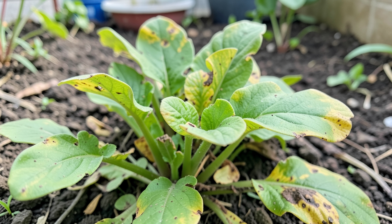 Radish showing signs of stress in a Los Angeles garden.