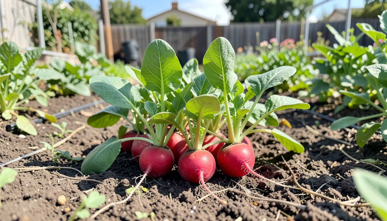 Radish growing in a garden setting in a Los Angeles garden.