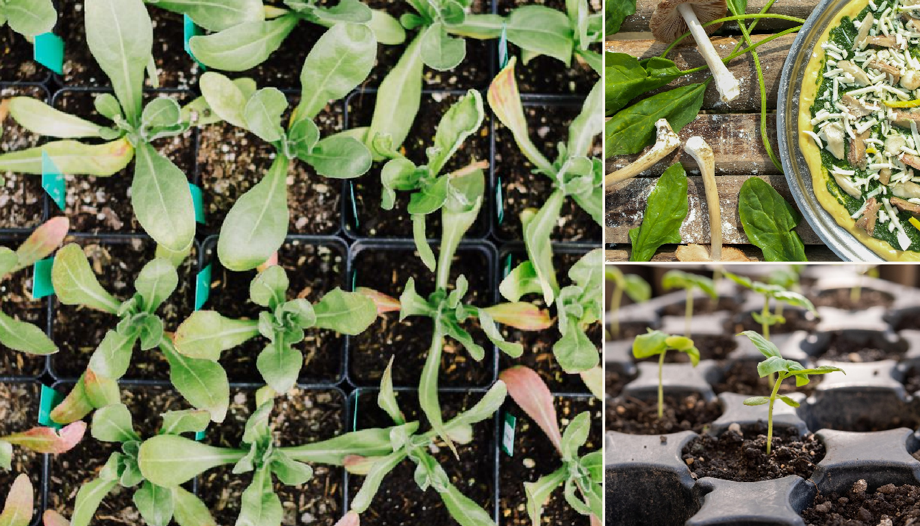 Spinach seedlings being planted in a raised bed.