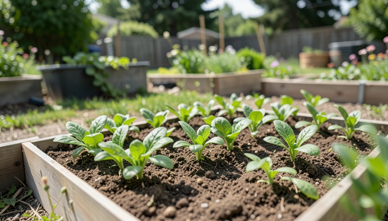 Spinach seedlings being planted in a raised bed.