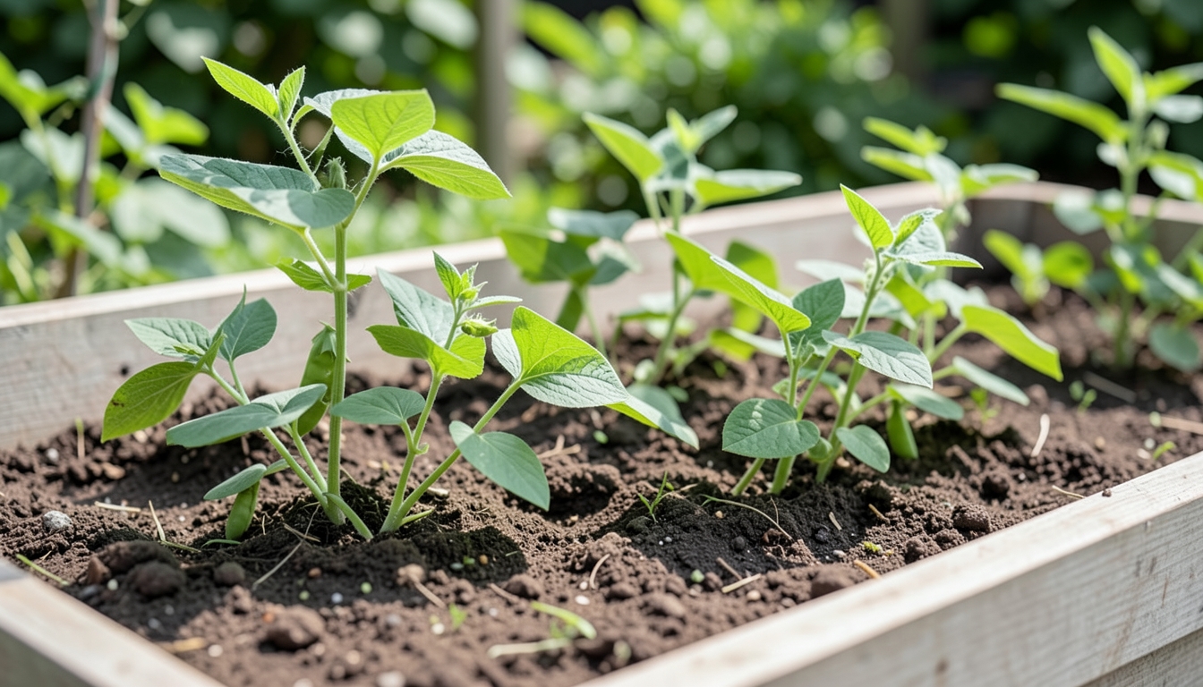 Sugar snap pea seedlings being planted in a raised bed in a Portland garden.