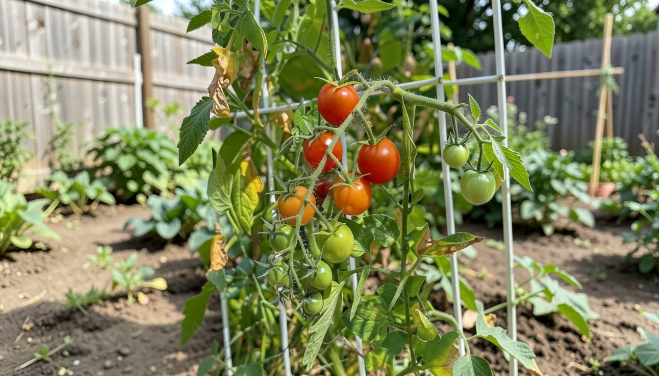 Tomato growing in a garden setting in a Chicago garden.