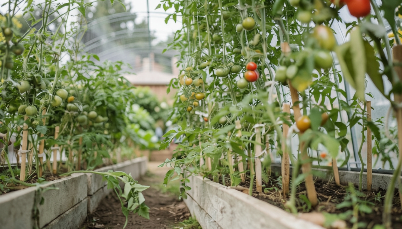 Tomato growing in a garden setting.
