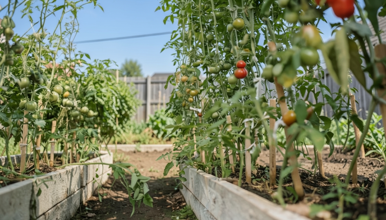 Tomato growing in a garden setting.