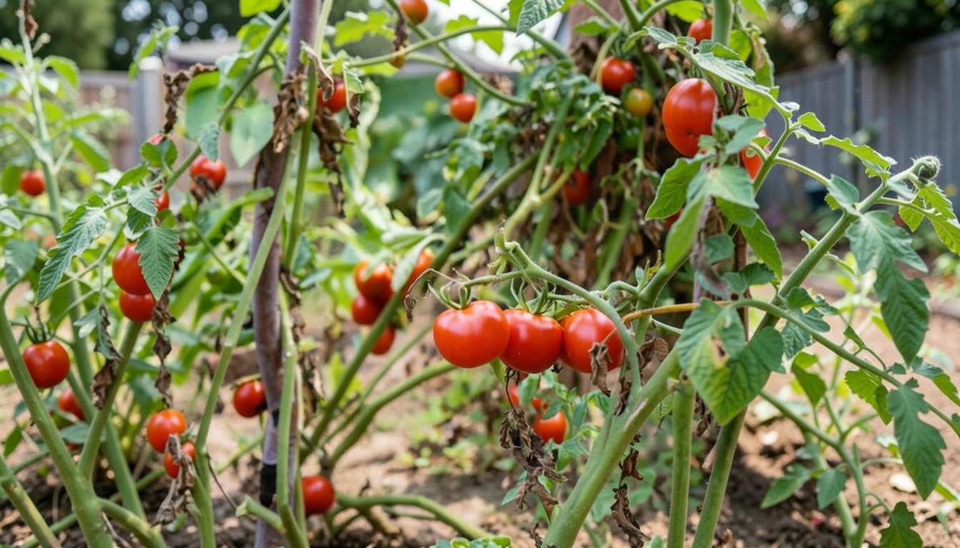 Tomato growing in a garden setting.
