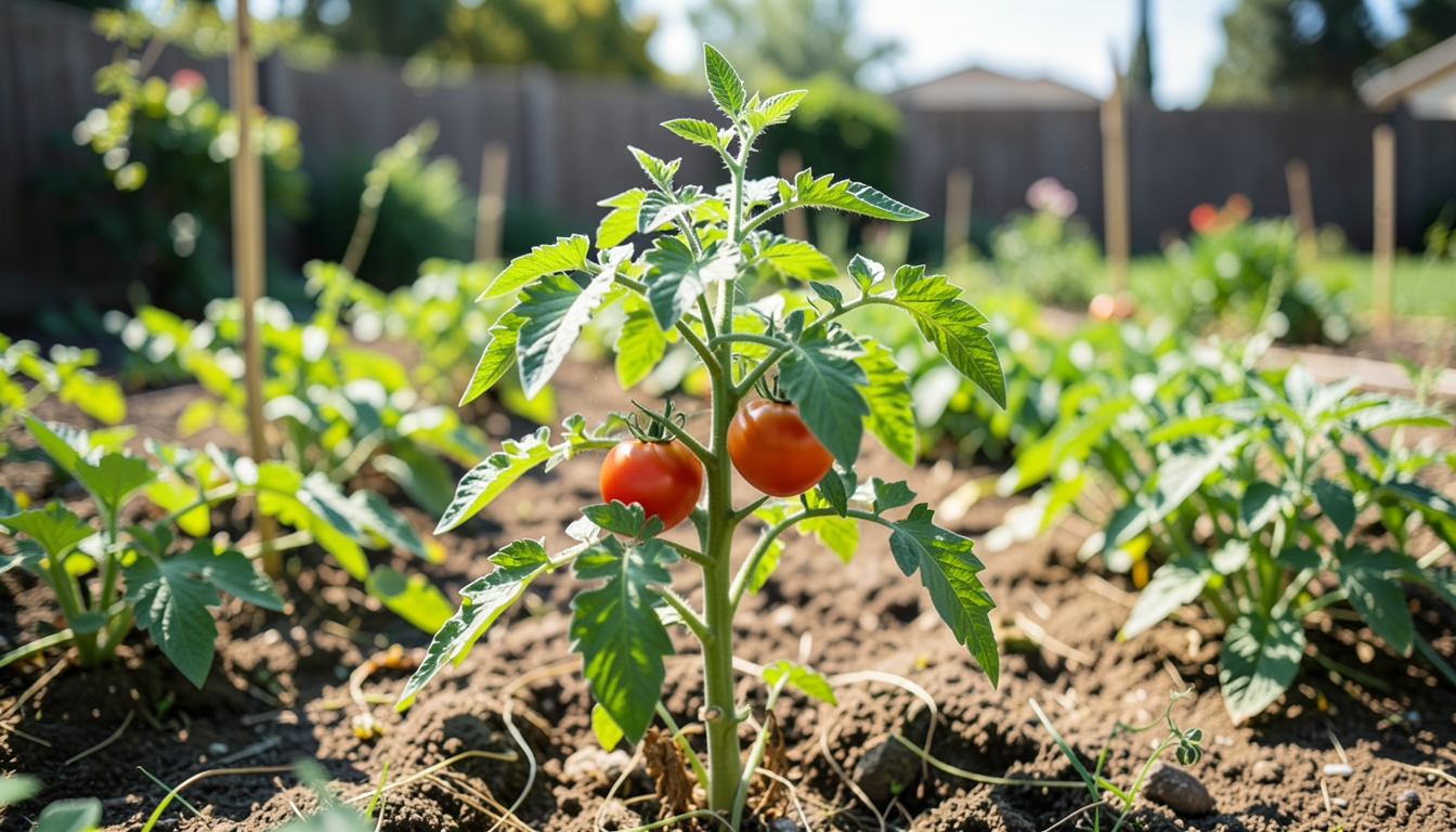 Tomato growing in a garden setting.