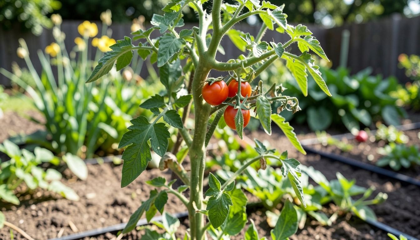 Tomato growing in a garden setting.