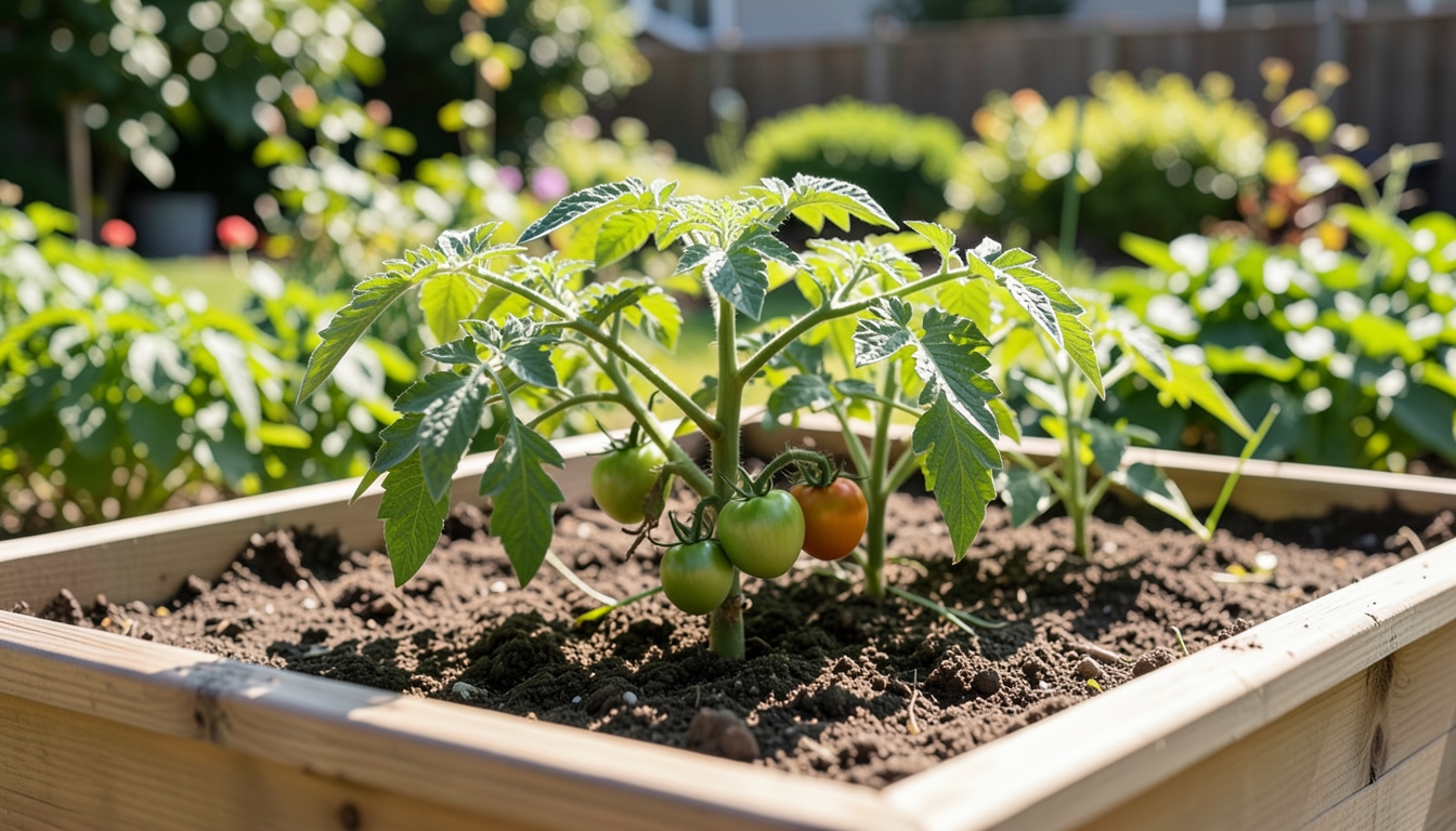 Tomato seedlings being planted in a raised bed.