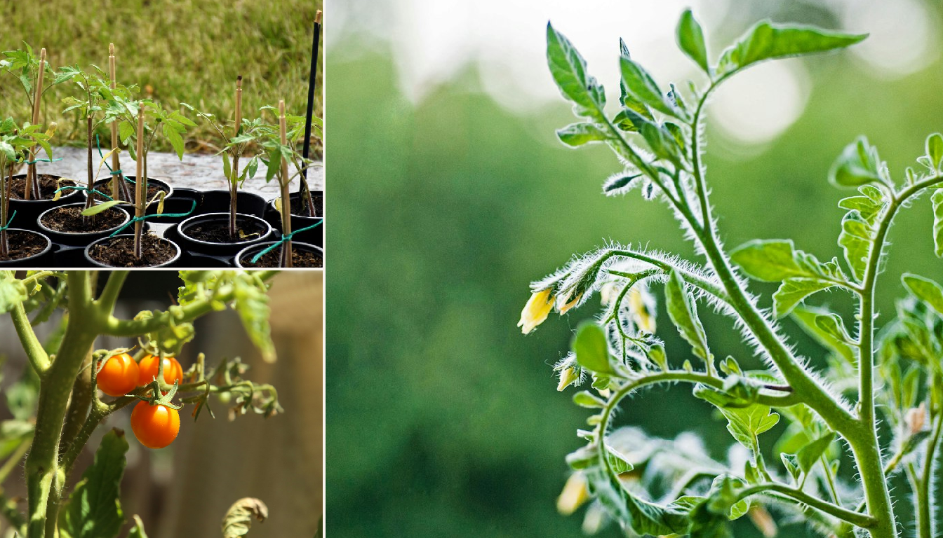 Tomato seedlings being planted in a raised bed.