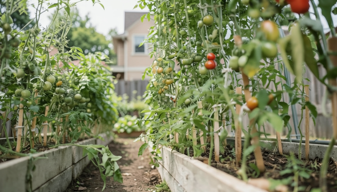 Tomato growing in a garden setting.