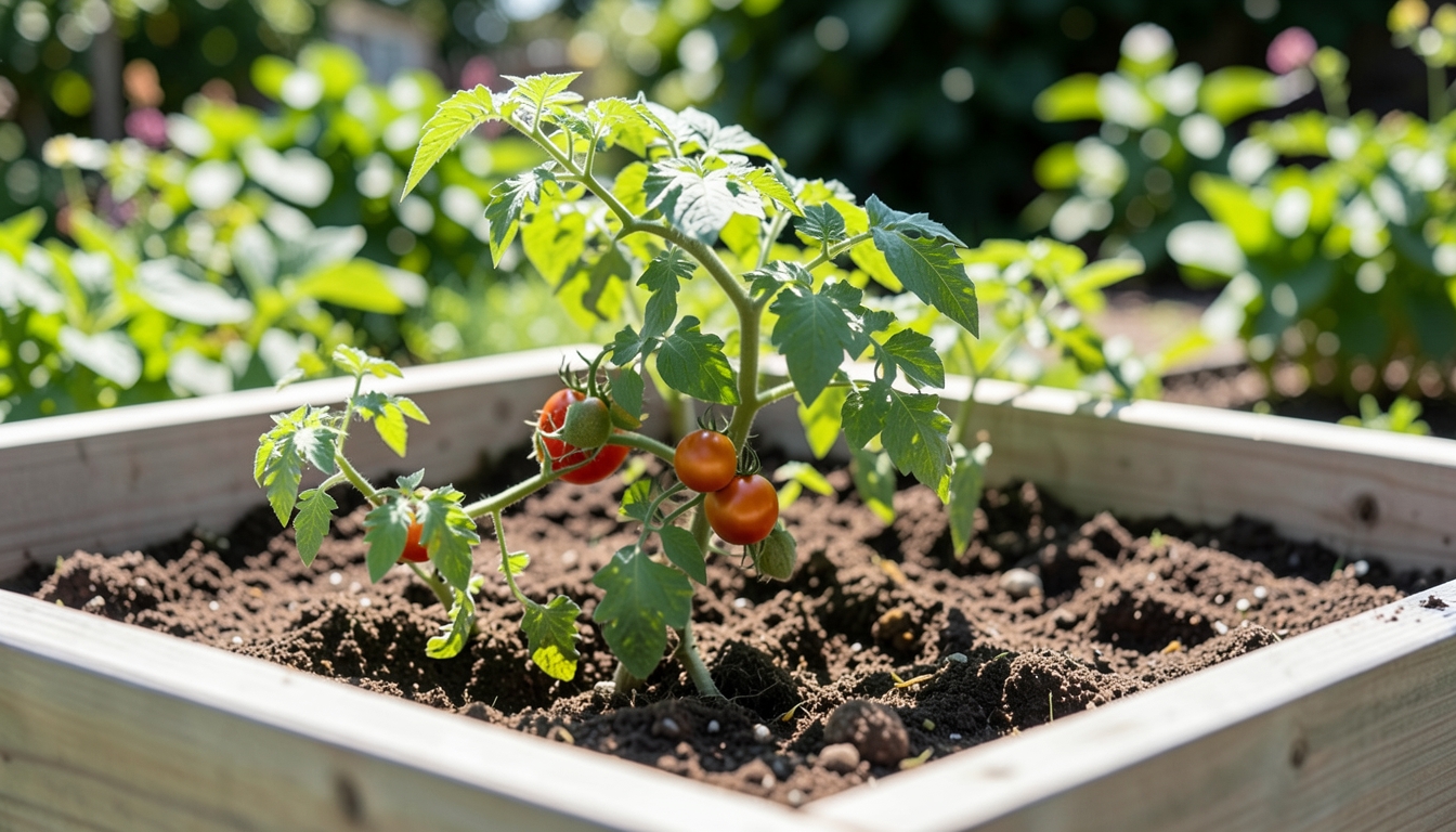 Tomato seedlings being planted in a raised bed.