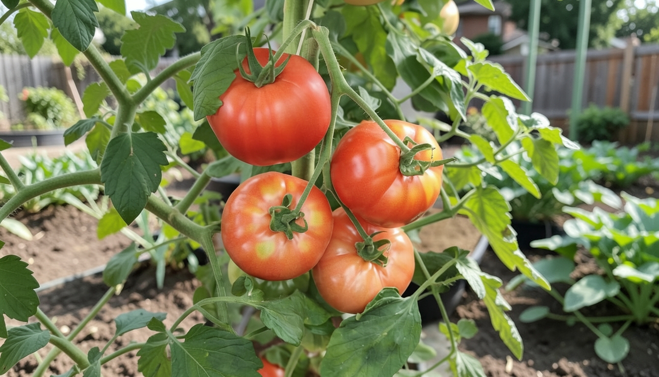 Tomatoes growing in a garden setting in a Seattle garden.