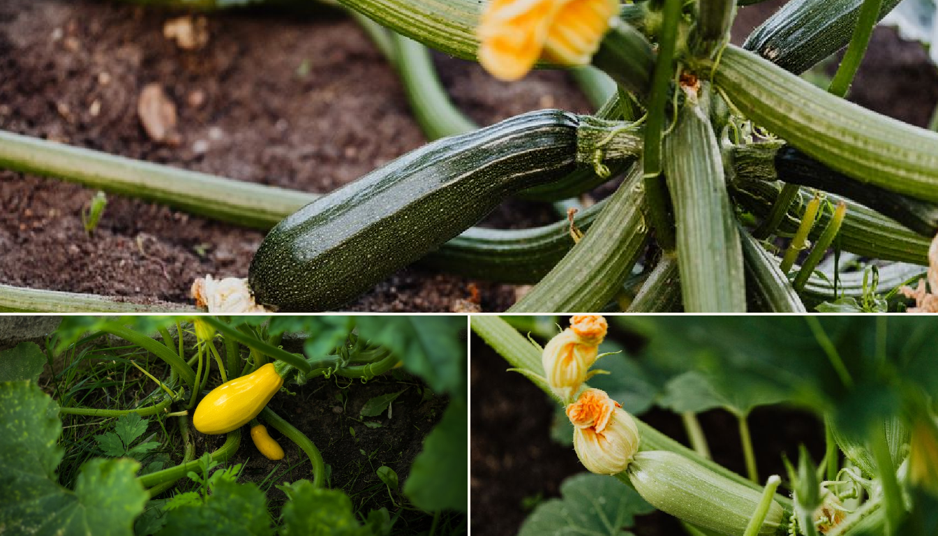 Zucchini growing in a garden setting in a garden.