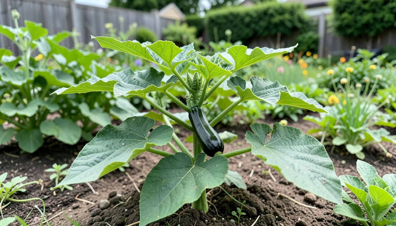 Zucchini growing in a garden setting in a Seattle garden.
