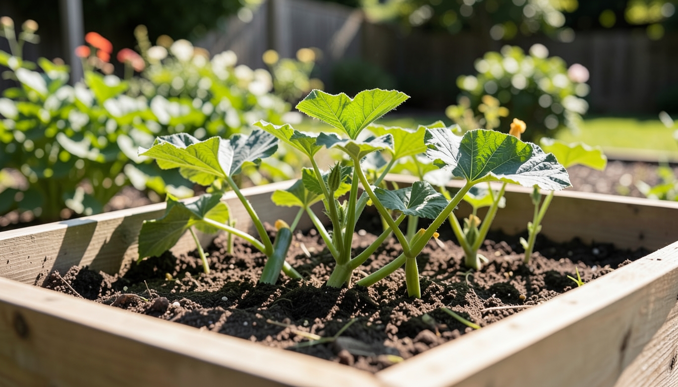 Zucchini seedlings being planted in a raised bed in a Seattle garden.